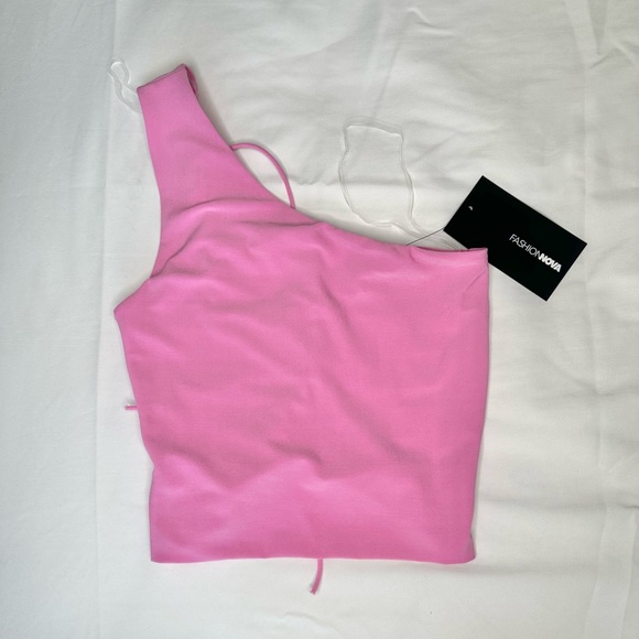 NWT pink one-shoulder lace-up back crop top - Picture 3 of 4